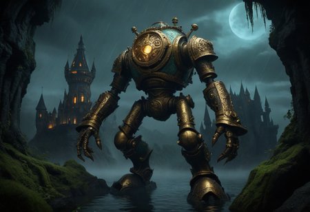 giant bipedal robot brass and dark teal striped paint, bronze paisley robot. lacy robot metal. diving helmet head. outside of a steampunk keep. large detailed torso. dark image. one forty foot tall ancient robot with great arms and two heavy spring legs. dark foggy night background. $dark foggy night image only. dark photo realistic image. steampunk details. cogs, chains and pipes incorporated in the fantasy buildings. magic wizards tower in background. Dark swamp, moss, castle ruins, wizards tower. stormy dark night.  stormy sky.  rain