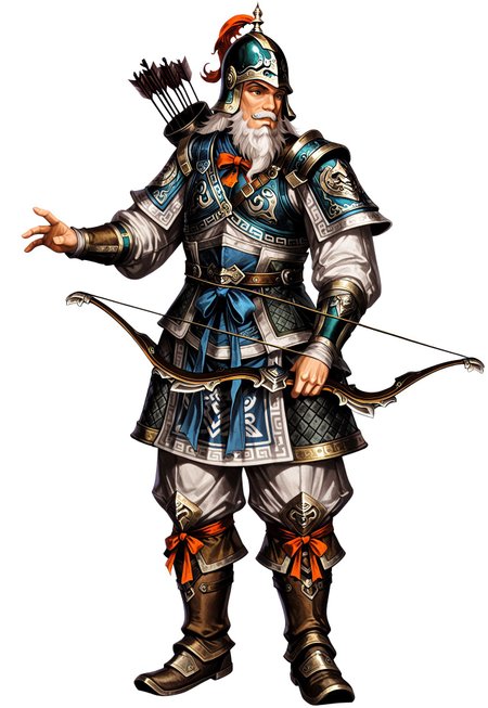masterpiece, very aesthetic, newest, high score, best quality, absurdres,  End_Dynasty_Warriors_4, white hair, male focus, arrow (projectile), bow (weapon), helmet, armor, white background, full body, 1boy, simple background, standing, solo, long sleeves, mustache, boots, facial hair, weapon, holding weapon, beard, quiver, holding