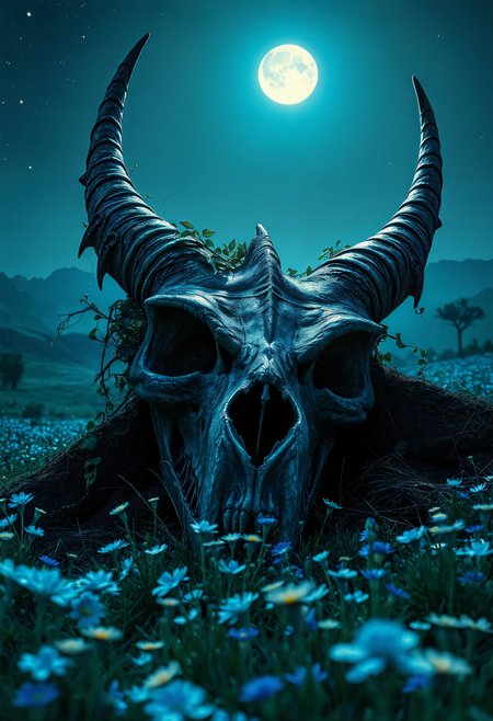 In a serene moonlit meadow filled with blue fluorescent wildflowers, skyrim setting,shot of a massive dragon skull lies partially buried, the skull's formidable horns stretch upward, adorned with climbing vines and blooming flowers, The intricate details of the skull structure with large hollow eye sockets and sharp teeth, The soft hills and distant mountains under a clear star sky provide a peaceful backdrop,
art by Ignat Bednarik  and Leigh Behnke,darkness atmosphere, groundbreaking unrivaled opus with unrivaled details, , ethereal, darkness, atmospheric haze, high budget, cinemascope, moody, epic,  photorealistic, candid camera, color graded cinematic, eye catchlights, atmospheric lighting, imperfections, natural