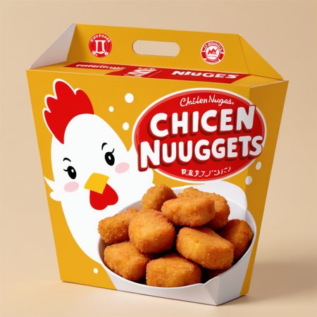 A photorealistic image of a box of delicious chicken nuggets with a cute little girl illustration on the exterior. The chicken nuggets inside should be golden brown, crispy on the outside, and tender on the inside. The little girl illustration should be playful and appealing, possibly showcasing a happy, cartoonish girl with a joyful expression. The setting should be on a dining table, with perhaps a soft drink or side dish in the background. The lighting should highlight the texture and color of the chicken nuggets, making them look appetizing, while also emphasizing the cute design on the box.. , <lora:lawsonkara:0.35>,