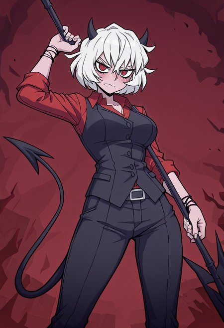 masterpiece, best quality, newest, absurdres, highres, anime, anime style, DPDV1.0, dynamic pose, polearm, holding polearm, holding weapon, weapon, 
1girl, malina (helltaker), demon girl, short hair, white hair, horns, demon tail,
spear, holding spear,