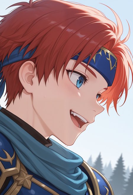 masterpiece,best quality, amazing quality,1boy, solo, r0y, red hair, black undershirt, blue chest plate, blue handband, blue scarf, close up, side angle, happy,

outside,