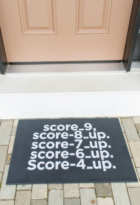 Photograph of a grey welcome mat placed in front of a front door. The mat features a simple design with the phrase "score_9, score_8_up, score_7_up, score_6_up, score_5_up, score_4_up," in bold, white letters.