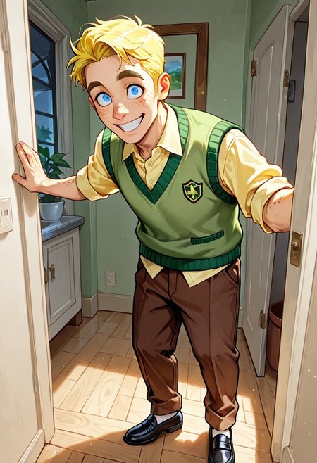 score_9, score_8_up, score_7_up, score_6_up, masterpiece, best quality, detailed eyes, detailed face, photorealistic, face_focus, (Hugh Testtransformation into anthro Dukey, mid transformation, standing, looking at viewer, dynamic pose), (House, indoors, mature, adult male, yellow hair, short hair, blue eyes, thick eyebrows, freckles, yellow shirt, green sweater vest, brown pants, black loafers), muscular male, (wide open eyes), smiling