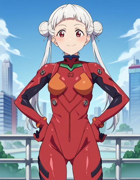 score_9, score_8_up, score_7_up, source_anime, <lora:chisato-arashi-s2-ponyxl-lora-nochekaiser:1>, chisato arashi, long hair, bangs, red eyes, twintails, white hair, blunt bangs, hair bun, double bun,, <lora:souryuu-asuka-langley-cosplay-ponyxl-lora-nochekaiser:1>, souryuuasukalangleycosplay, souryuu asuka langley (cosplay), bodysuit, pilot suit, plugsuit, red bodysuit, interface headset,, cityscape, smile, blush, hands on hips,, , cowboy shot, dutch angle