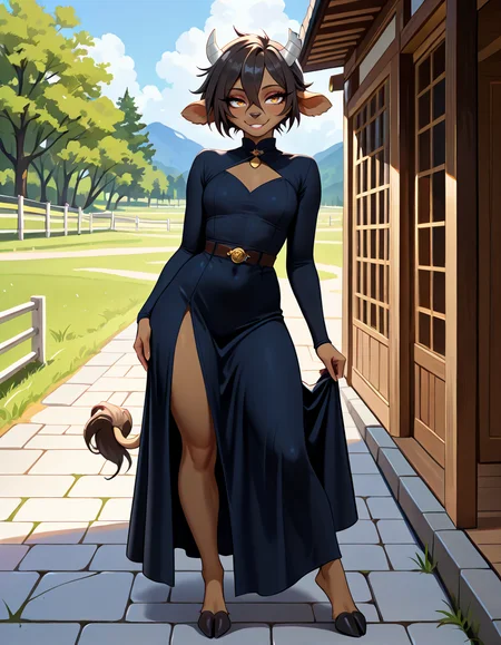 masterpiece, best quality, very aesthetic, absurdres,
outdoors, dressed,
standing, posing, 
full body, seductive smile, parted lips, long eyelashes,
<lora:Manitka_Storm_v01_NAIXL:1>
Man1tkaStorm,1gilr,solo,furry,furry female,cow girl,cow ears,cow horns,short hair,black hair,hair between eyes,brown hair,body fur,brown fur,cow tail,hooves,