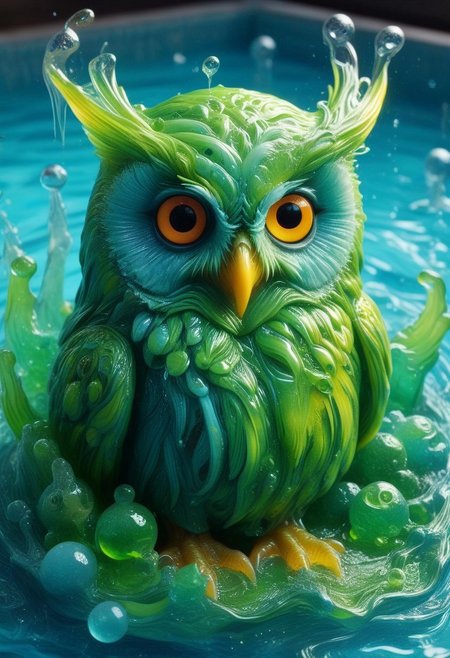 Owl, swimming in pool of ooze, slimy, extremely detailed, hyperrealistic, detailed background, slime-morph