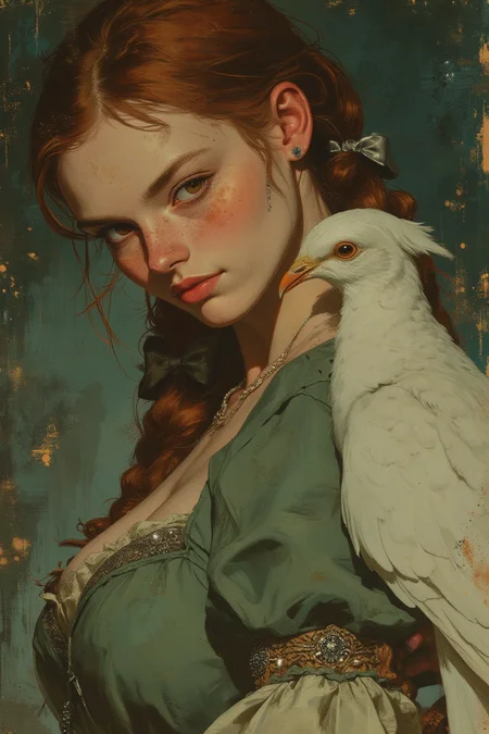 Hyper-realistic close-up portrait of a medieval woman with warm hazel eyes, her chestnut hair braided with silver-threaded ribbons. She wears an elegant sage-green gown with lace cuffs and a bejeweled belt resting on her waist. A white dove, its feathers groomed and tied with a silk bow, sits gracefully on her shoulder, while tiny silver bird-shaped charms dangle from her ears. Her expression is serene as she tilts her head slightly, listening to the soft coos of her companion. The background is a muted tapestry of soft blues and earthy browns, hinting at a castle chamber bathed in morning light.