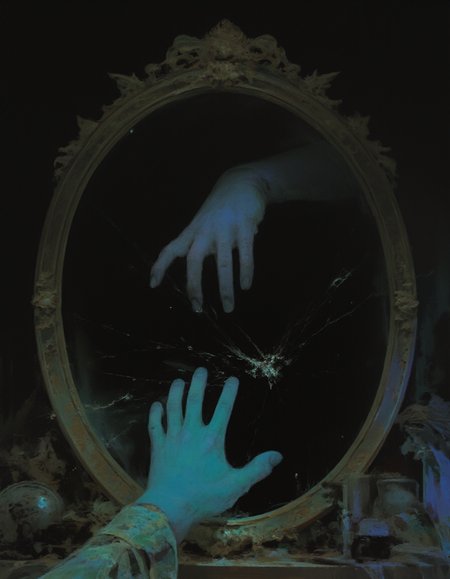 A dark shadowy hand emerging through an old Victorian mirror, with dusty, golden frame. There are ripples in the mirror surface around the anatomically perfect hand coming through the mirror into the real world. The hand breaks through the mirror and emerges on the other side reaching towards the viewer as if emerging from under water to the surface. The mirror is in a dark dusty old attic with old objects. Ominous eerie atmosphere,
<lora:A_Dismal_Style:1> dismal, digital painting, concept art, <lora:F.1 Fluorescent painting_v1.0:0.8> fluorescent painting, glowing