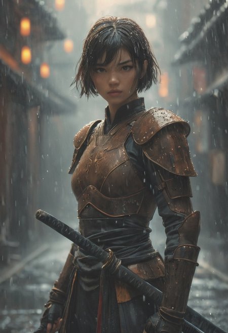 (Soft Lighting Photography by Mimoza Veliu and Mario Giacomelli:1.2), NSFW, short hair, 
by (((Ilya Kuvshinov) and Jessica Rossier) and Phil Noto) and Hisui Sugiura, fire, princess wielding a katana, shallow depth of field, nipples, raining, water drops