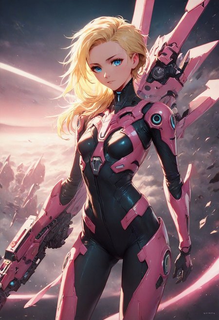 Score_9, score_8_up, score_7_up, score_6_up BREAK 1girl,  bodysuit, pink leather, small breasts, blue eyes, blonde hair, spiky hair, battlefield, futuristic, sci-fi, weapons, highly detailed, beautiful art, beautiful background, beautiful lighting