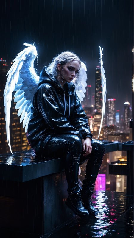 Angelic figure with glowing white wings, hyperrealistic, dark cyberpunk cityscape, neon lights, sitting on a rooftop, rain, dramatic lighting, detailed, atmospheric, introspective, high contrast, realistic wet textures, water reflections, glistening surfaces, detailed rain effects, wet clothing and hair