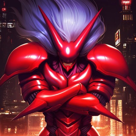score_9, score_8_up, score_7_up, 1boy, solo,  Expressiveh, (ShouX, monstrous humanoid, armor, red body, white hair, long hair, eyeless, noseless, earless, teeth, claws, armor, closed mouth), arms crossed, low-angle view, city, streets, night, standing, detailed background, 4k, masterpiece, best quality, highly detailed, realistic
