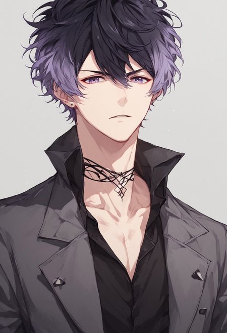score_9, score_8_up, ruki mukami, solo, 1boy, male, grey jacket, black pants, brown pants, black web choker, black shoes, black shirt, short tousled hair, dark charcoal black hair with lavender gradient tips, standing