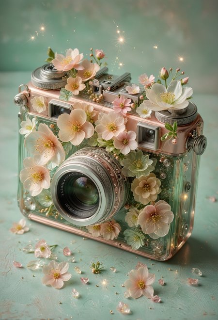 fanciful, translucent vintage camera with metallic copper and silver details, filled with an array of soft pastel flowers including hues of pink and white and green inside it, floating golden sparkles, magical touch to the composition, <lora:MJ52:0.3>, <lora:SDXLFaeTastic2400:0.4>, <lora:sdxl_glass:0.7>, <lora:tranzp:0.7>, <lora:add-detail-xl:1>