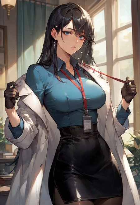 1girl, cowboy shot,  black hair, long straight hair, side bangs, blue eyes, white lab coat, blue collared shirt, black pencil skirt, black thighband pantyhose, lanyard, black gloves,  long eyelashes, (lips:0.75),  covered nipples,  (shiny skin:1.15), (score_9, score_8_up, score_7_up:1.3), 4k, very aesthetic