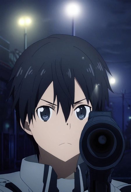 high resolution, solo, best quality, 1Boy, Kazuto Kirigaya, Black Hair, Black Eyes, portrait, midnight, dim street lights, mysterious, threatening, gun, aiming the gun to the viewer, OverallDetail