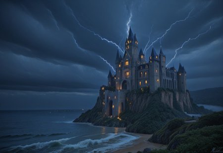 Stable_Yogis_PDXL_Positives, masterpiece,best quality,amazing quality,very aesthetic,high resolution,ultra-detailed,absurdres,newest, outdoors, mw01out, mwl01, castle, castle on the edge of a cliff, white walls, purple turrets, nighttime, night, thunderstorm in the distance, thunderclouds, overlooking the ocean, stormy
