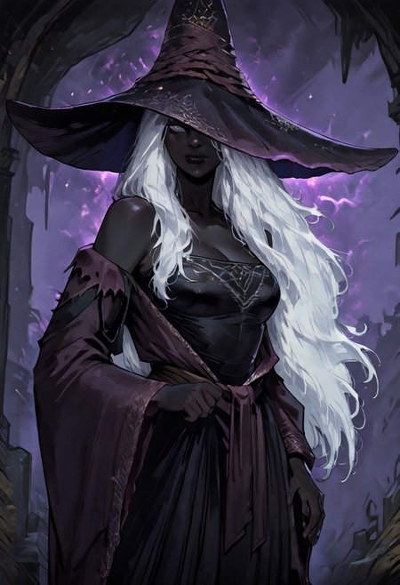 masterpiece, best quality, newest, absurdres, highres, TTCSV1.0, 1girl, ERNRRE-V1.0, very dark skin, dark-skinned female, black skin, black colored skin, colored skin, hat, witch hat, robe, off shoulder, white hair,