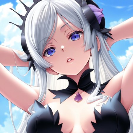 anime screencap, masterpiece, best quality, <lora:DanMachi_Freya_IlluXL:0.9>, 
1girl, Freya (Danmachi), sky, Silver hair, long hair, swept bangs, hair ornament, masterpiece, violet eyes, parted lips, detailed lips, soft lips, glossy lips, looking at viewer, FreyaBDress, center opening, strapless, black dress, detached collar, black collar, outdoors, arms behind head, cloud, volumetric lighting, blue sky, portrait, upper body,