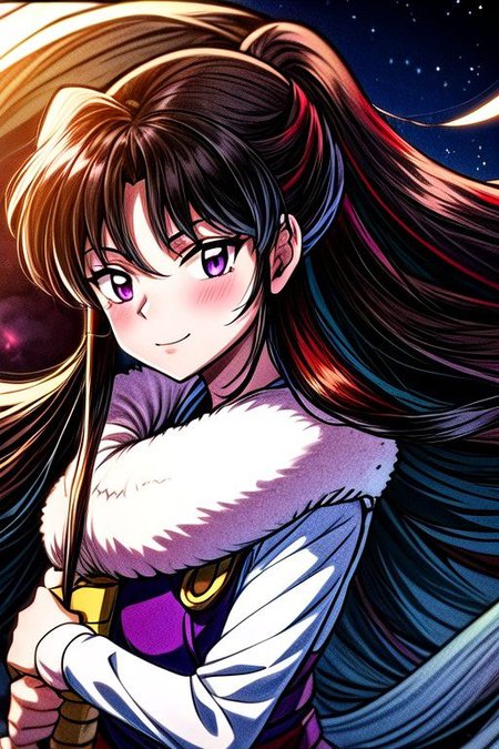 masterpiece,  best quality 1girl Setsun4 solo long hair,  (night time) forest background black hair very long hair purple eyes multicolored hair armor (fur trim) (medium body),<lora:EMS-179-EMS:0.800000>,<lora:EMS-293862-EMS:0.800000> bow, hair_bow, hair_tubes, red_bow, brown_hair, long_hair, bangs, sidelocks, ascot, brown_eyes, frilled_bow, yellow_ascot, blush, smile, hair_between_eyes