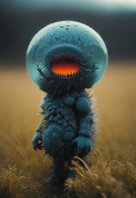 a closeup macro photo of a slightly Amber and Scarlet translucent small armored mech mushroom resembling a small fluffy Monster with long tail and Open mouth and Sharp teeth, closeup, infront of an blueish sundawn in an eerie meadow, 
deep Blacks, very detailed, atmospheric haze, Film grain, cinematic film still, shallow depth of field, highly detailed, high budget, cinemascope, moody, epic, OverallDetail, 2000s vintage RAW photo, photorealistic, candid camera, color graded cinematic, eye catchlights, atmospheric lighting, imperfections, natural, shallow dof