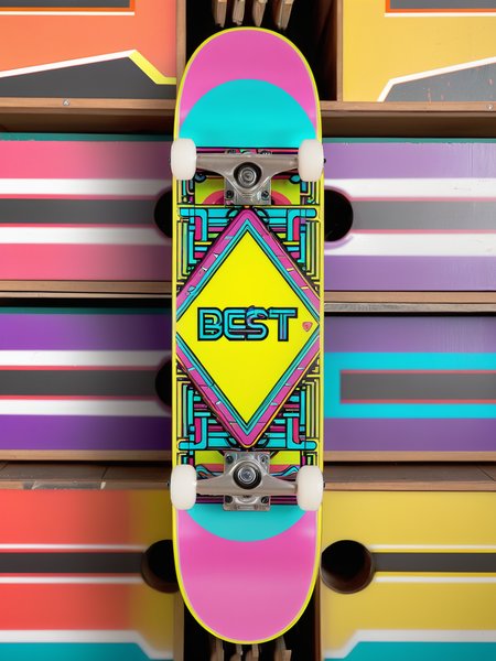 EdobSkate,skateboard with a retro 80s design, featuring neon colors, geometric patterns, and cassette tapes, with a background of a vintage arcade <lora:EdobSkate_XL_v1.0:0.8>, best quality, uhd, 8k, detailed
