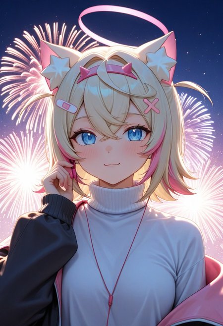 d_up, 1girl, mococo abyssgard, blonde hair, pink hair, blue eyes, earphones, multicolored hair, medium hair, shirt, turtleneck, sweater, long sleeves, turtleneck sweater, jacket, glitch, upper body, abstract background, white shirt, halo, fireworks, looking at the viewer, cute, d2j3m0x