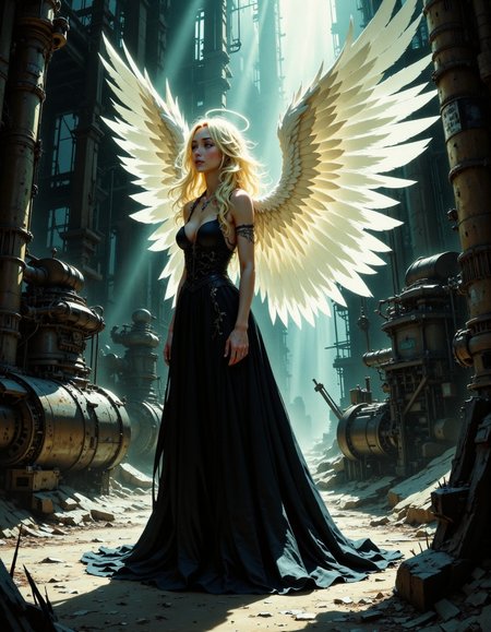 This digital artwork depicts a majestic, ethereal female angel with flowing blonde hair and large, luminous white wings. She is dressed in a black, flowing gown that contrasts starkly with the dark, industrial background. The setting appears to be an abandoned, dilapidated factory with rusted machinery and debris scattered on the floor. The image uses dramatic lighting, with a spotlight effect highlighting the angel, creating a halo-like glow around her head and casting deep shadows. The camera angle is low, looking up at the angel, emphasizing her grandeur. The composition follows the rule of thirds, with the angel positioned centrally but slightly off to the right, leading lines from the machinery drawing the viewer's eye towards her. The overall mood is one of desolation and divine intervention.
<lora:VividlyReal:1>