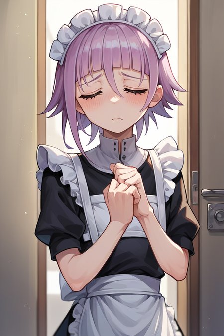 score_9, score_8_up, score_7_up, score_6_up, source_anime, solo,  <lora:crona-pdxl-nvwls-v1-000005:1> crona, purple hair, short hair, black eyes, maid headdress, maid dress, looking at you, closed eyes, blush, embarrassed, hallway