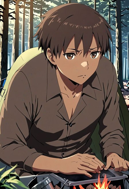 high resolution, solo, best quality, 1Boy, Takaki Toono, Brownish Hair, Brown Eyes, forest, camping, OverallDetail