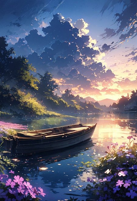 detailed background,( Calm spring night landscape), amongst lush greenery, beautiful view, creeping phlox in full bloom, creeping phlox, early morning, sunrise sky, beautiful clouds, dappled sunlight, outdoor seating, one lamp, Tranquil Lake, Boat on a Lake, depth of field, masterpiece, best quality, ultra-detailed, very aesthetic, illustration, perfect composition, intricate details, absurdres, moody lighting, wisps of light, no humans,
