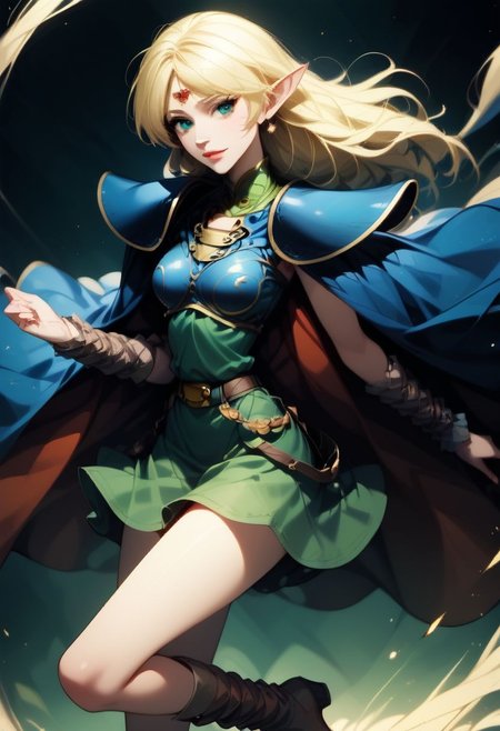 score_9, score_8_up, score_7_up, semi realistic, vibrant colors, background city parade, fantasy setting, deedlit, circlet,  slender, adult, medium breasts, shoulder armor, breastplate, green tunic, blue cape, gold choker, arm_wraps, belt, brown footwear, boots,  dancing playfully, full body view, narrow waist, thigh gap, mature face, dancing in the streets