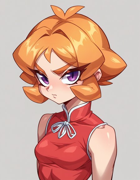 score_9, score_8_up, score_7_up, score_6_up, score_5_up, score_4_up, 1girl, solo, upper body, close-up, 
 <lora:Ploxy v1:0.8> Ploxy, thick eyebrows, orange hair, vintage or retro hairstyle, violet eyes, small breasts, looking at viewer,
side-seamed china dress, frilled leg warmers, loafers,