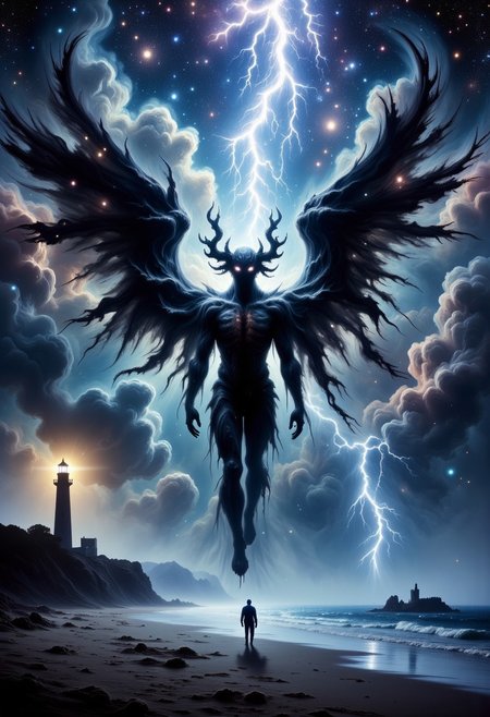 rising of the ocean on a dark night a giant human body walking towards the sailor with kraken head with a lot of kraken giant tentacles coming out of his head, extra large dark wings, cthulhu, shadow. a diagonal flash of a lightning bolt tearing the scene, a sailor figure, almost tiny in size is standing still on the edge of the beach looking at the ocean. in the left corner of the scene is a lighthouse with a yellow light focused on the ocean reflecting in the water on an island in the ocean. on the sky a arm of he vialact, In the night sky a galaxy full of stars, dark atmosphere. terror and horror feeling.