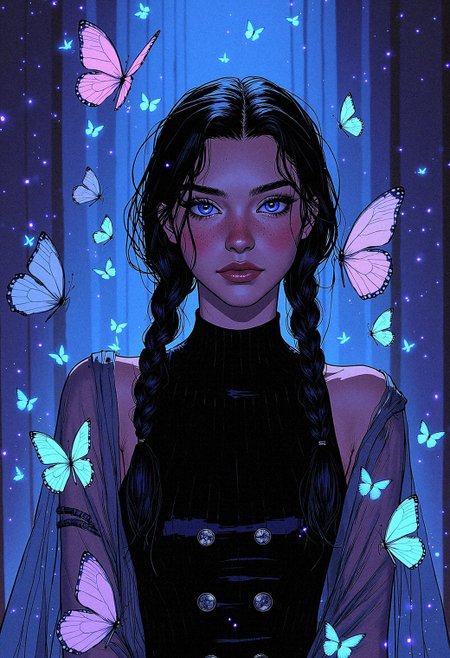 Hyper-detailed Comic book illustration artwork,  
"A stunning photorealistic 3/4 shot of a young woman standing in a magical, dark atmosphere surrounded by luminous butterflies. Her black, braided hair is accentuated by loose, natural strands framing her face. She wears a tailored black outfit with glossy metallic buttons, contrasted by a translucent haori adorned with detailed butterfly wing patterns in pastel shades of blue and purple. Her violet eyes have a glass-like effect, glowing faintly in the light of the butterflies that gently flutter around her. The lighting is soft and dreamy, highlighting the intricate textures of her outfit and creating a realistic, otherworldly ambiance."
 <lora:FluxDFaeTasticDetails:0.3> <lora:Comic_Style_-_FLUX:0.7000000000000001>