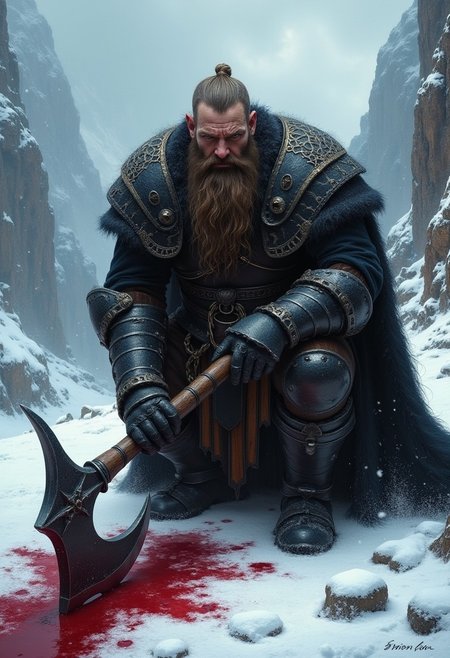 An atmospheric and powerful dark fantasy image,  classical style painting of a rugged dwarven warrior dressed in intricate black armor.  He crouches with his head facing viewer and with a sorrowful visage . He holds a powerful axe. There is blood in the snow around him from a fallen enemy. Cinematic shot in a snowy mountainous region.