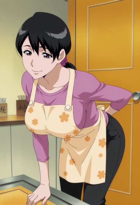 1girl,solo,mm,mature female,black hair,ponytail,brown eyes,large breasts,anime coloring, 
shirt,pants,apron,leaning forward, smile,motherly,indoors
,masterpiece,best quality,amazing quality,<lora:Ikumi_Unagiya-Bleach:0.85>