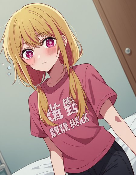 score_9, score_8_up, score_7_up, source_anime,
rubyhoshino, <lora:ruby-hoshino-s1-ponyxl-lora-nochekaiser:1>,
ruby hoshino, long hair, bangs, blonde hair, pink eyes, sidelocks, symbol-shaped pupils, multicolored hair, two-tone hair,
shirt, twintails, pants, low twintails, t-shirt, clothes writing, pink shirt,
indoors, bed, bed room, on side, blush, drunk,
looking at viewer, cowboy shot, dutch angle, solo,