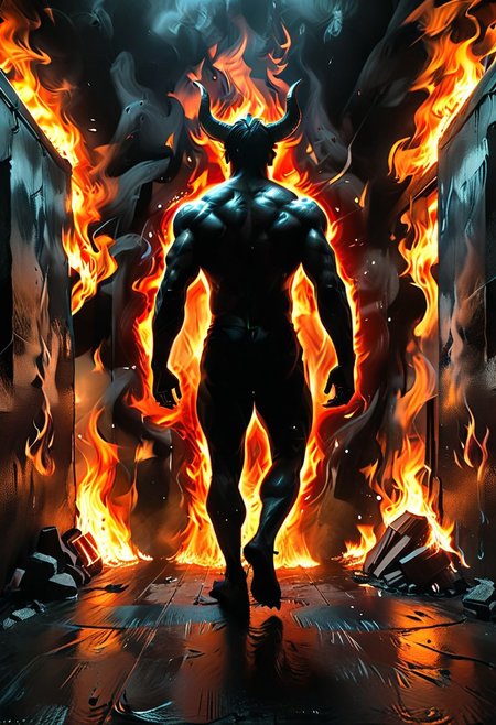 <lora:flame silhouette:1>,  <lora:flame:1>, flame,
fullbody, full body, back view, <lora:Super perspective and fight stance:0.8>, ((super low perspective)), low perspective, ((fisheye)), dark atmosphere, dark shadow, deep shadow, shadow,  Super perspective,fisheye, wide shot, foreshorten, lighting stance, (fire around), ((fiery footprints)),
Man with demon horns in black shorts walking away from the long dark office corridor, Adult, Mesomorph Muscular body, short Muscular neck, Rectangle faces, broad Muscular shoulders, Muscular fitness arms,  black short combed back hair,  Angular jawline,  Designer Stubble black whiskers, triangular black hair beard, Muscular fitness ass,  Athletic thighs, Muscular fitness legs,  big muscles,  dark black skin,
((burning walls)), ((fire on the walls)),
<lora:Camera Perspectives (507):1>,  from below, foreshortening, perspective,
graphic style of novel comics, perfect hands, 2d,
8k, hyperrealism, masterpiece, high resolution, best quality, ultra-detailed, super realistic, Hyperrealistic art, high-quality, ultra high res, highest detailed, lot of details, Extremely high-resolution details, incredibly lifelike, colourful, soft cinematic light,
