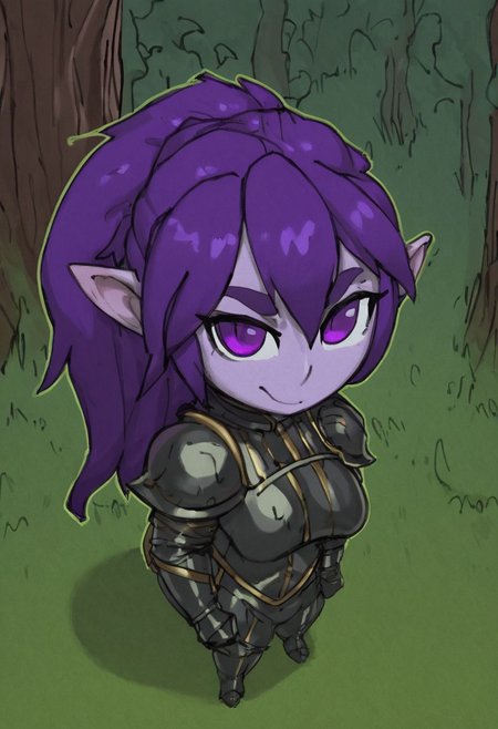 High Fantasy, ow-angle view, looking at viewer, strong female, rugged female halfling, with pretty face, thick eyebrows, purple eyes, dark-blue pupils, short dark-purple hair, leather armor, bulky, muscular, short, stout, small, short & wide body, thick & plump, stumpy arms & legs, huffslove, shortstack, shortstack, graphic novels illustration, outline, Sketch, Magical, Medieval, darkfantasy worlds, grim themes, grim foreat, gigantic tall trees, highly detailed, close up, dark forest, creeping thick fog,