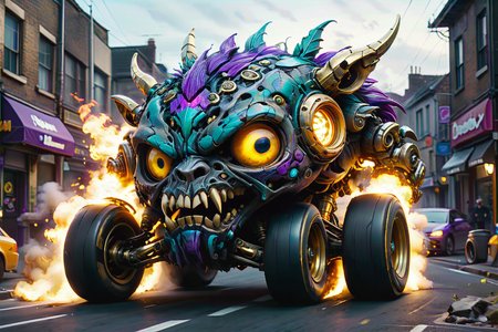 druidic zkeleton mecha lambo drifting like a eurovision monster truck street racer, neon turbo, perfect perspective automotive style shot, gold, blue, purple, worn moving tyres