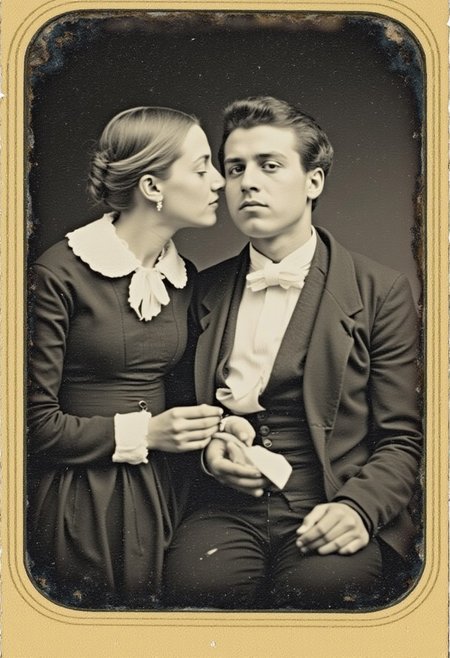 Daguerreotype of a Victorian couple exchanging a chaste kiss on the cheek. fully clothed. highly detailed, monochrome. both holding a valentine. Detailed hand, Hand, Perfect hand, Daguerreotype