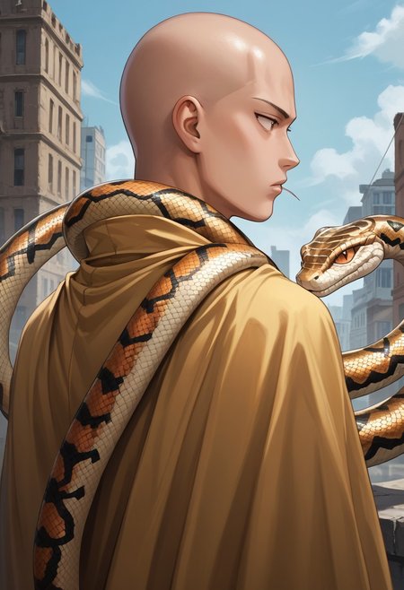 score_9,score_8_up,score_7_up,score_6_up,score_5_up,source_anime, back view,1man, saitama, bald, brown eyes 30yo, standing, looking back , wearing cape from metallic snake skin, bored, snake, snake on shoulders, upper body