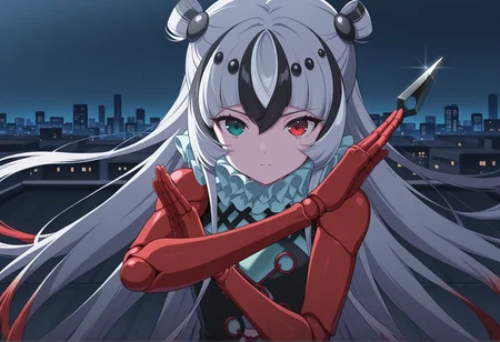 anime screenshot, anime screencap, anime coloring, 1girl, arthropod girl, multicolored hair, black hair, white hair, very long hair, heterochromia, red eyes, green eyes, asymmetrical legwear, leotard, upper body, doll joints, mechanical arms, serious, holding kunai, fighting stance, on rooftop, city, night <lora:kashin_koji_illus:1>, masterpiece, best quality, amazing quality, very aesthetic, absurdres, highres, newest
