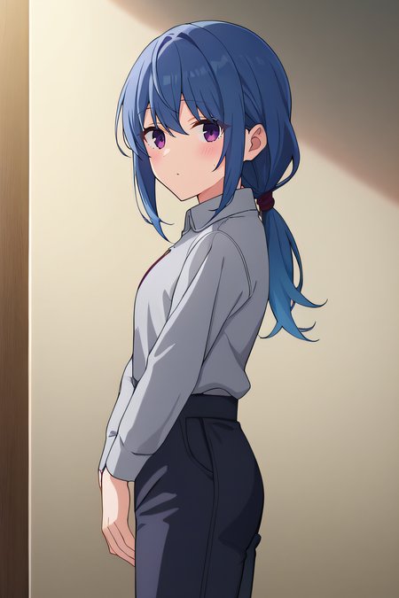 score_9, score_8_up, score_7_up, source_anime, rating_safe, intricate details, anime screencap, official style, 1girl, <lora:Shima_Rin:1>, shimarin, blue hair, purple eyes, long hair, low ponytail, sidelocks, grey shirt, long sleeves, collared shirt, black pants, looking at viewer, indoor, cowboy shot, side view, blush