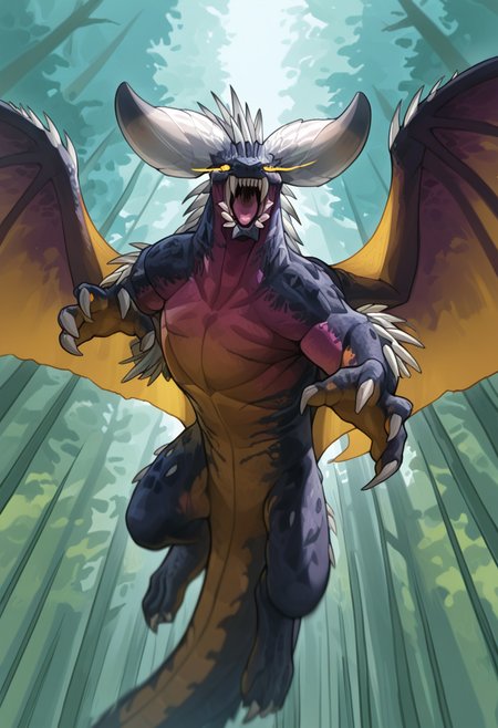 <lora:MH_Nergigante_a1_1_NoobXL-eps:1>,<lora:EatSleep1111StyleSDXL11:0.7>,<lora:merrytailSDXLstyle:0.3>,eatsleep1111,merrytail,masterpiece,best quality,amazing quality,high quality,very aesthetic,absurdres,newest,shaded,digital media \(artwork\),depth of field,mhnrgi,solo,feral,detailed background,forest,yellow eyes,no sclera,slit pupils,wings,white spikes,open mouth,dutch angle,speed lines,(eye trail:1.3),flying,reaching out,