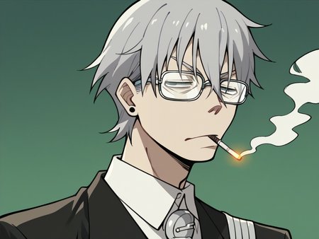 score_9, score_8_up, score_7_up, score_6_up, score_5_up,  <lora:SoulEaterXLP:1> soul eater, 1boy, glasses, male focus, solo, opaque glasses, cigarette, smoking, industrial pipe, grey hair