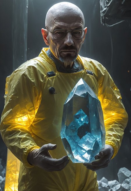masterpiece, highres, high detail, detailed, rp_slgd, Walter White from Breaking Bad holds a giant blue crystal in his hands. He's wearing a yellow hazmat suit, dark chemical factory background