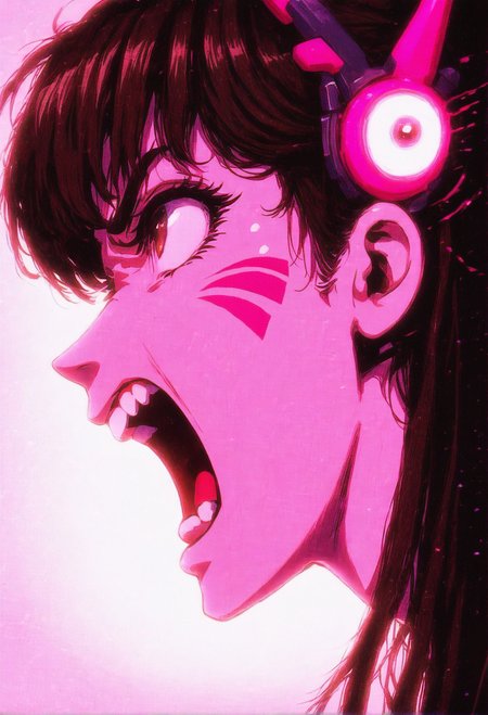 halftone effect, neon distortion, 1girl, d.va, overwatch, solo, from side, close-up,  (headgear), cyberpunk, science fiction, open mouth, angry, brown eyes, brown hair, pink whisker markings, blurry background, white background, screaming, looking away, shadows, teeth, lens flare